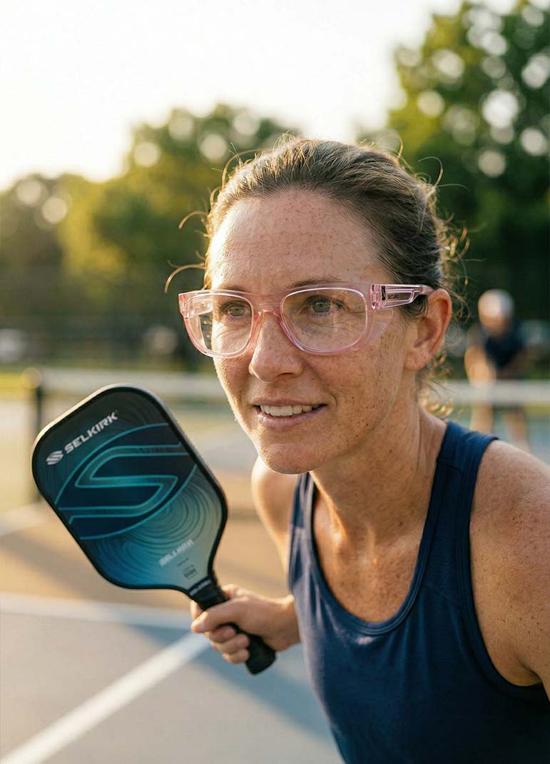 Woman wearing safety glasses while playing pickleball